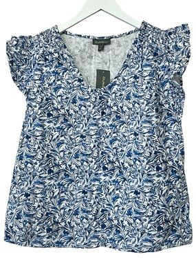 Style and Co. V-Neck Ruffle Short Sleeve Top, Floral Blue & White, Size PM
